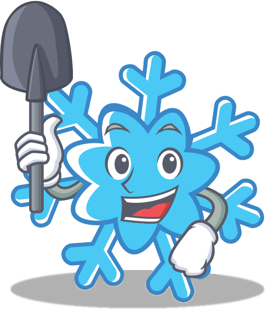 Illustration of a snowflake character holding a snow shovel